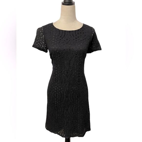 J. Crew Black Cocktail Dress w/Eyelet Designs Sheer Short Sleeves (Size; 00) - Picture 1 of 12